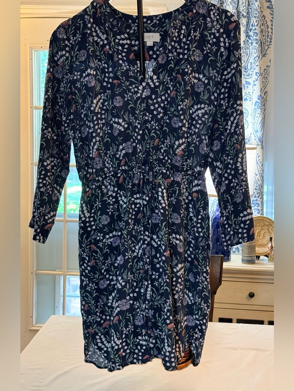 LOFT Navy Floral V-Neck Long Sleeve Dress with Green and Pink Accents (OO1)